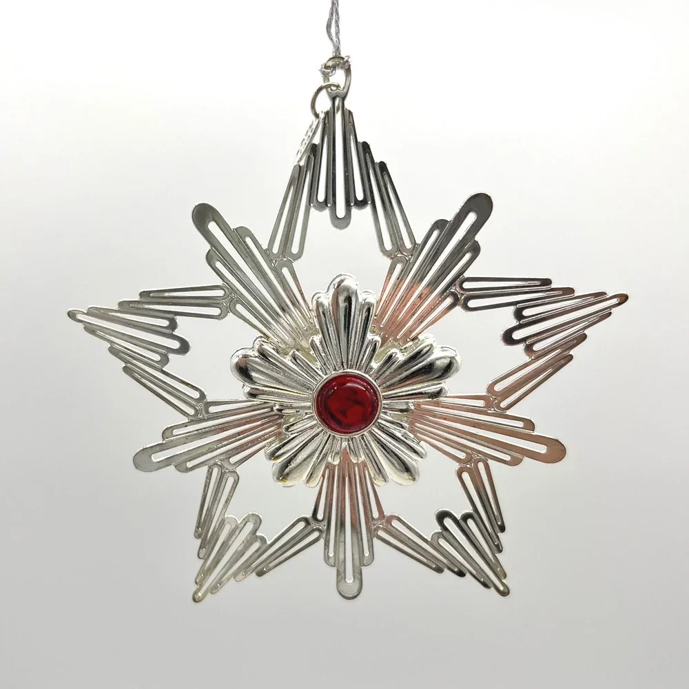 Reed & Barton 2001 Annual Jeweled Star Silverplated Christmas Ornament Red Stone
